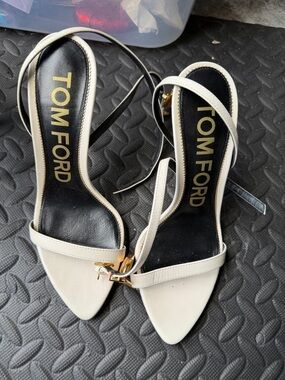 Tom Ford Cream Leather Pointed-Toe Ankle-Strap Heels with Gold Accent